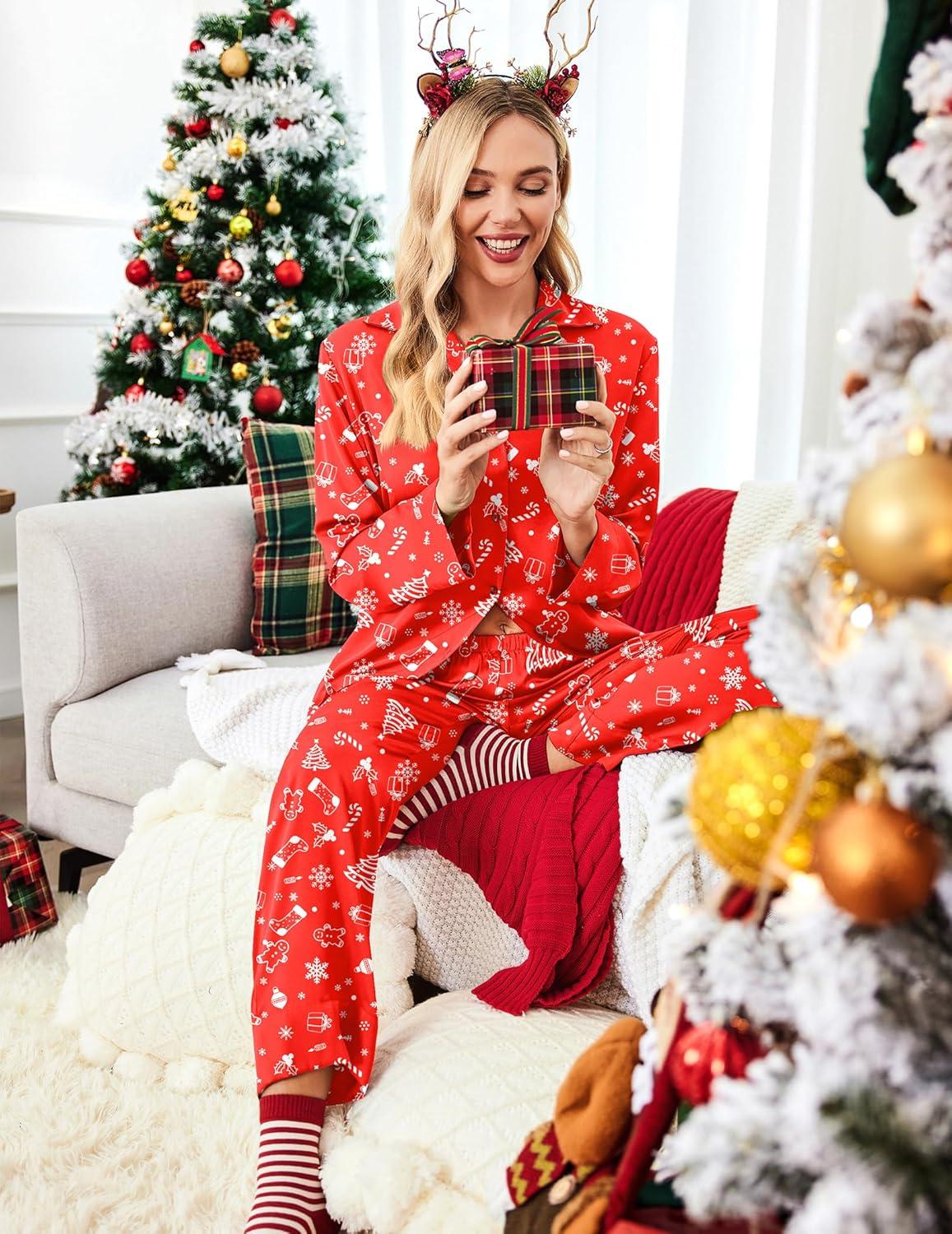 imageEkouaer Women Satin Silk Pajamas Classic Long Sleeve Button Down Pjs Set Soft LoungewearChristmas Tree