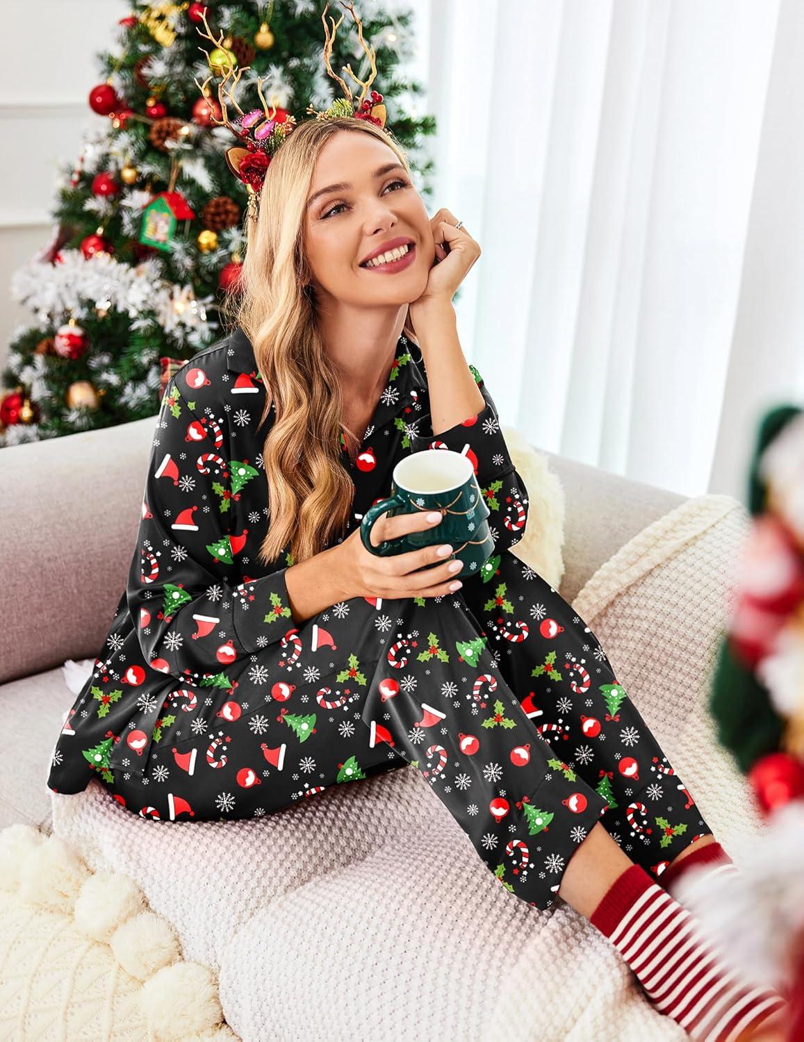 imageEkouaer Women Satin Silk Pajamas Classic Long Sleeve Button Down Pjs Set Soft LoungewearChristmas Treeblack