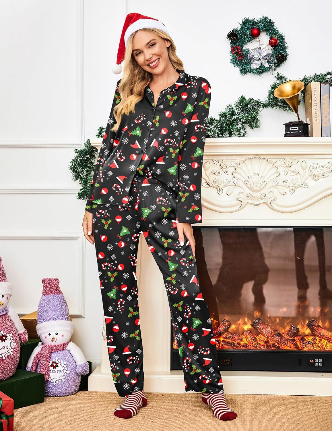 imageEkouaer Women Satin Silk Pajamas Classic Long Sleeve Button Down Pjs Set Soft LoungewearChristmas Treeblack
