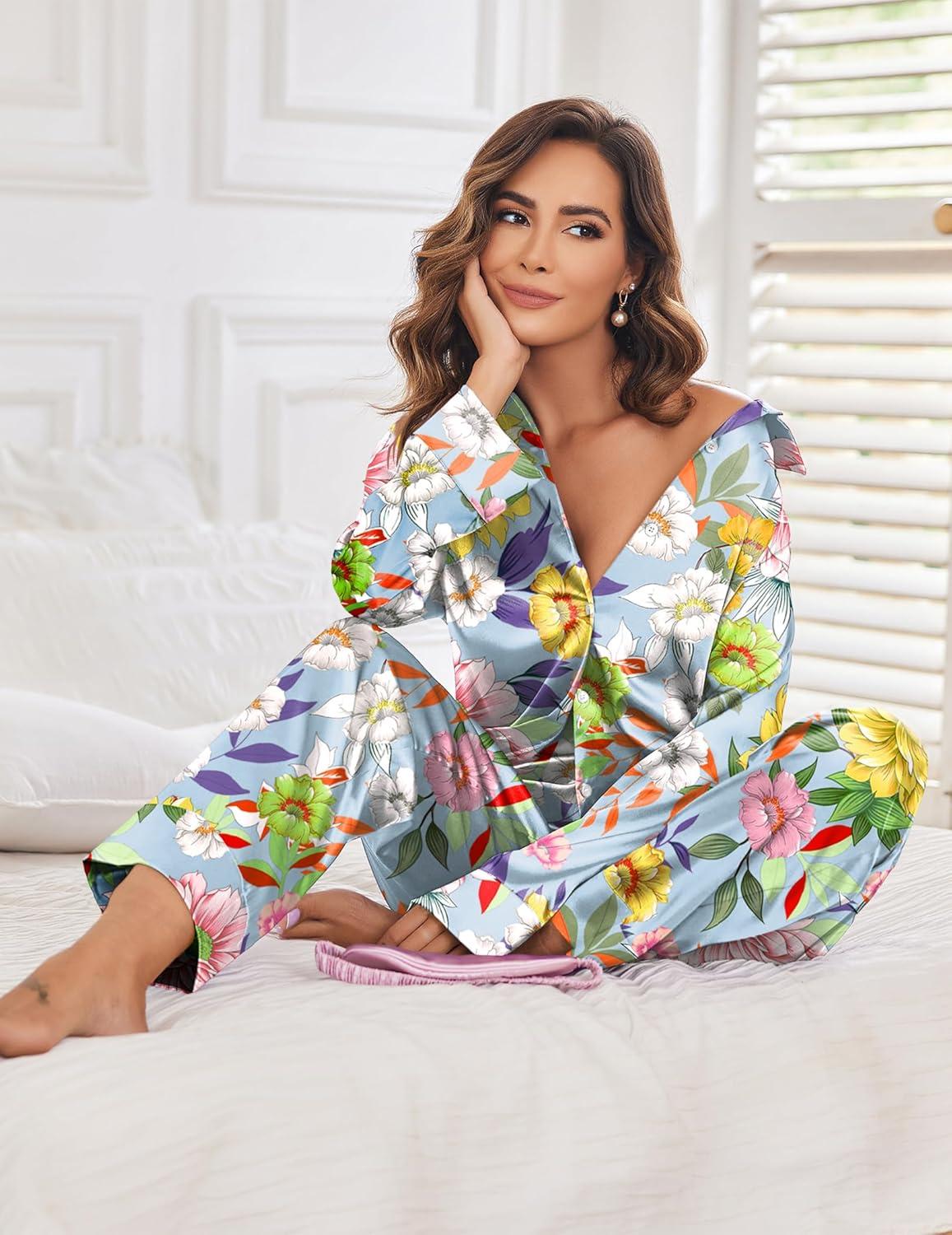 imageEkouaer Women Satin Silk Pajamas Classic Long Sleeve Button Down Pjs Set Soft LoungewearFloral