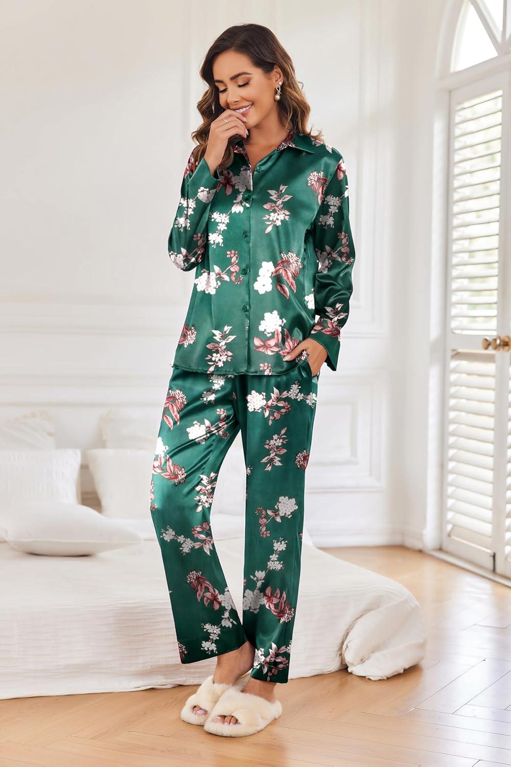 imageEkouaer Women Satin Silk Pajamas Classic Long Sleeve Button Down Pjs Set Soft LoungewearGreenfloral