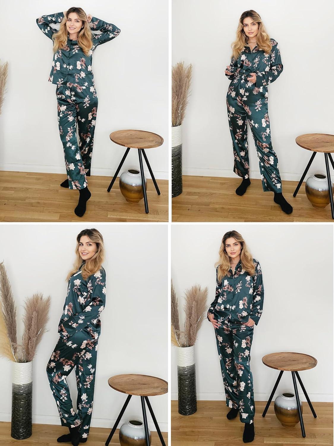 imageEkouaer Women Satin Silk Pajamas Classic Long Sleeve Button Down Pjs Set Soft LoungewearGreenfloral