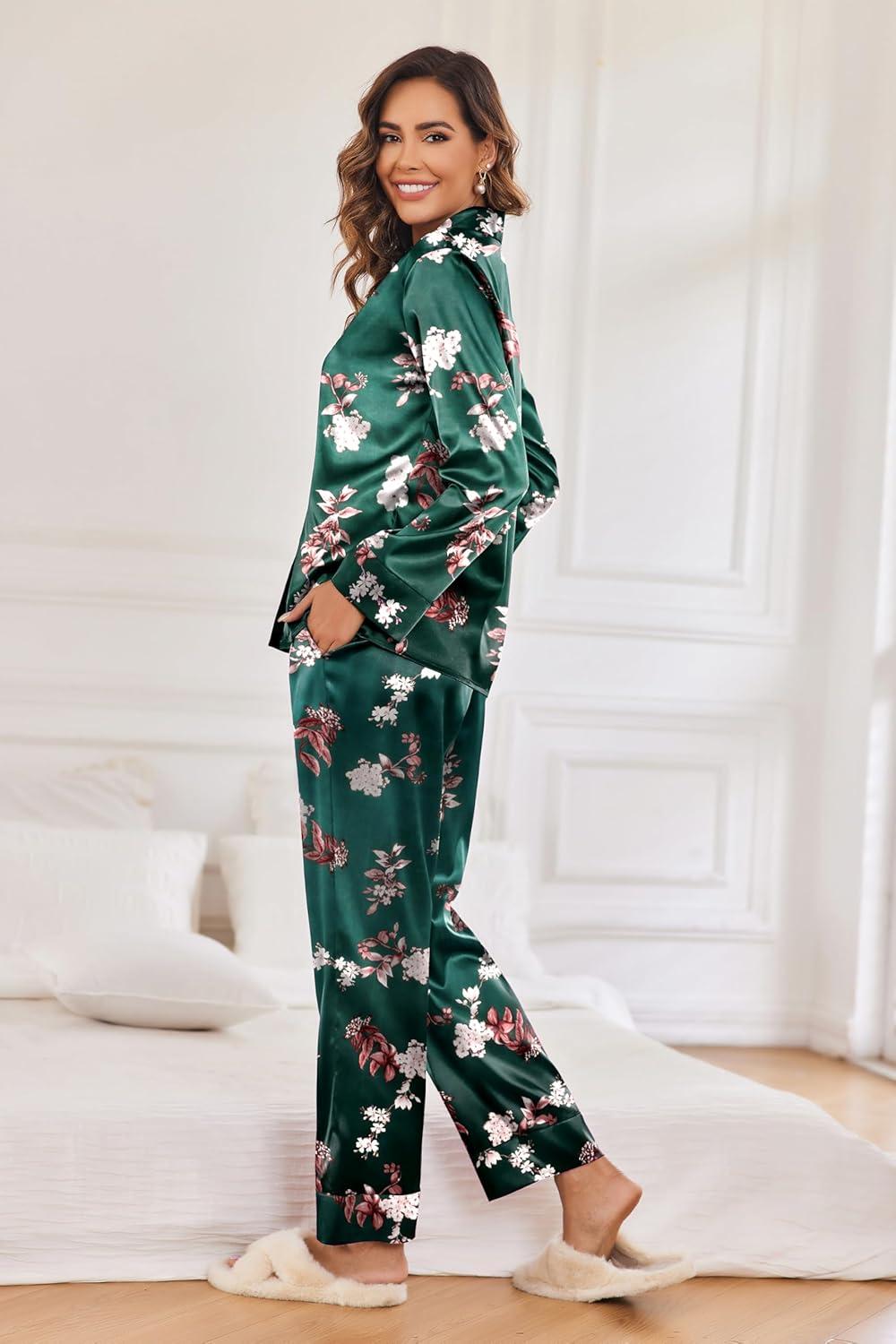 imageEkouaer Women Satin Silk Pajamas Classic Long Sleeve Button Down Pjs Set Soft LoungewearGreenfloral