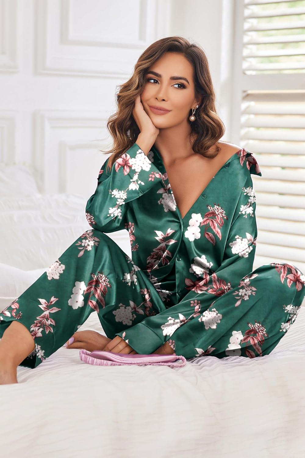 imageEkouaer Women Satin Silk Pajamas Classic Long Sleeve Button Down Pjs Set Soft LoungewearGreenfloral