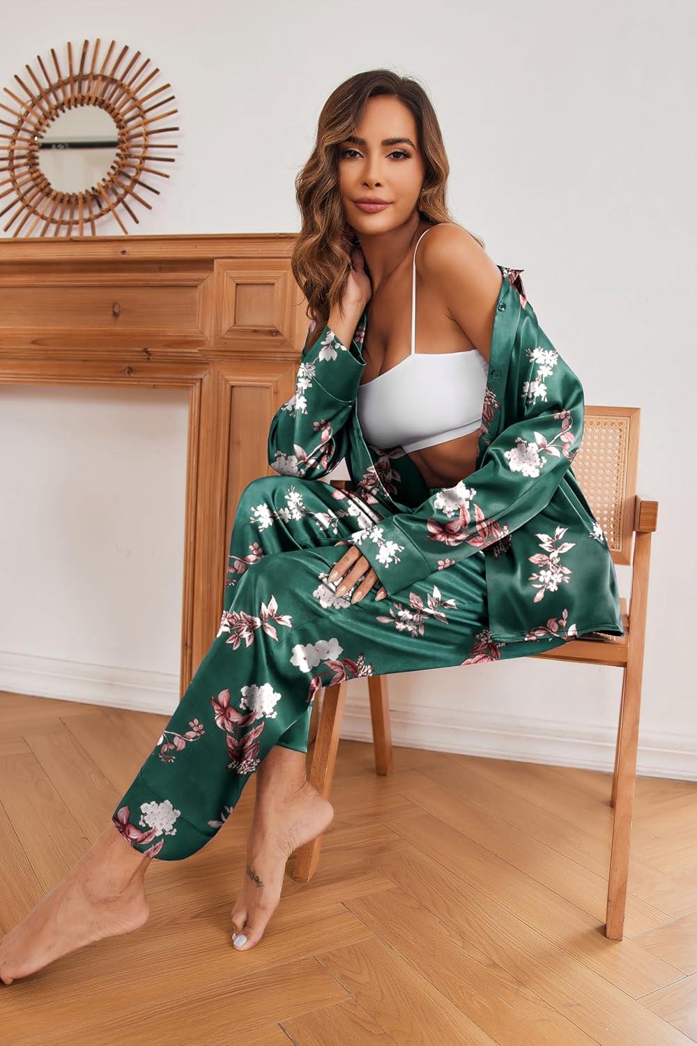 imageEkouaer Women Satin Silk Pajamas Classic Long Sleeve Button Down Pjs Set Soft LoungewearGreenfloral
