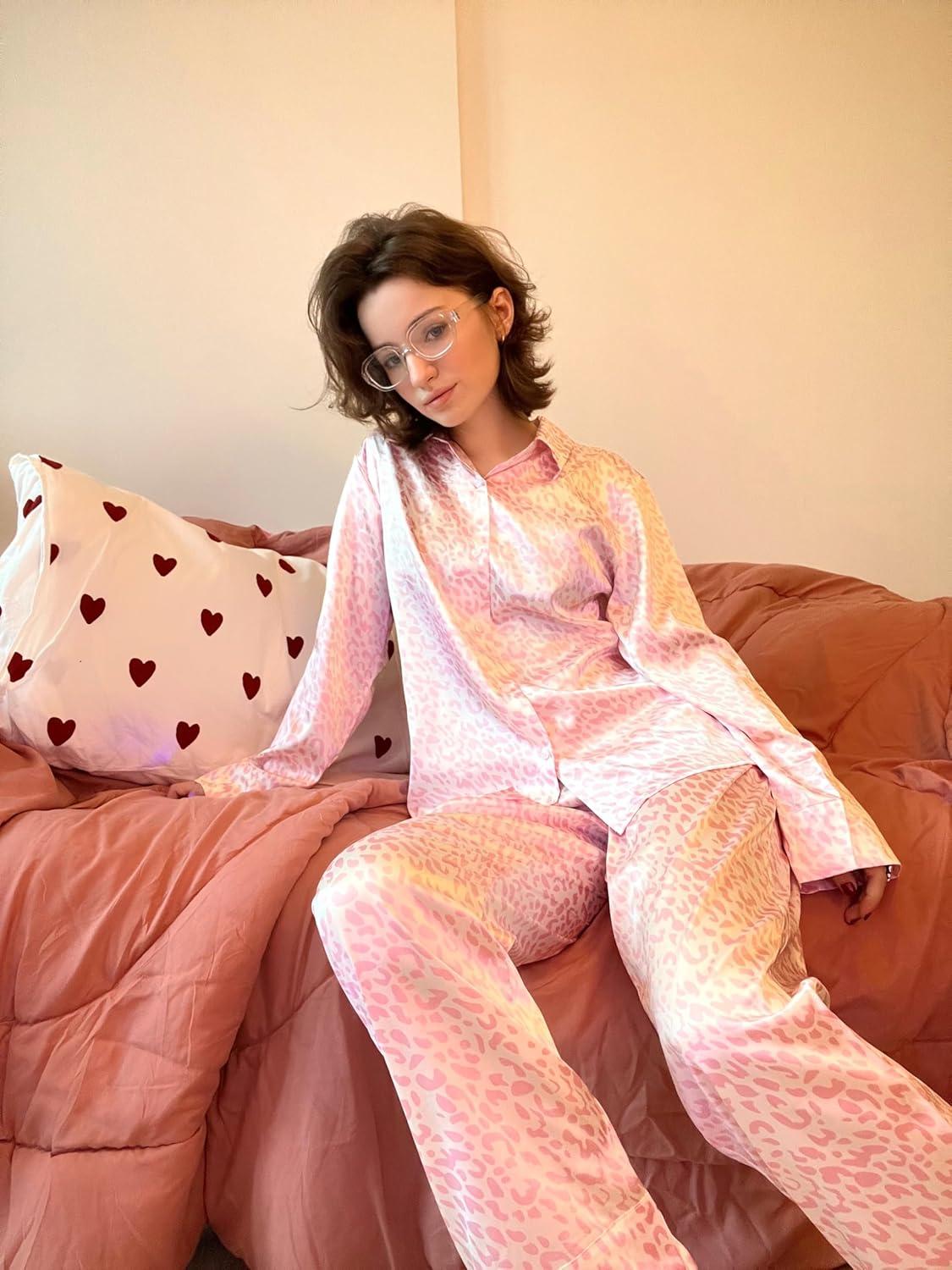 imageEkouaer Women Satin Silk Pajamas Classic Long Sleeve Button Down Pjs Set Soft LoungewearLeopard Pink