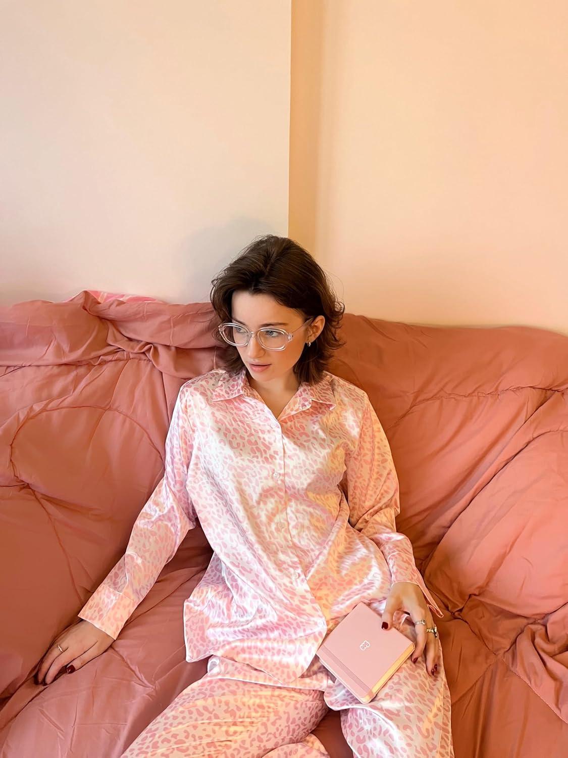 imageEkouaer Women Satin Silk Pajamas Classic Long Sleeve Button Down Pjs Set Soft LoungewearLeopard Pink