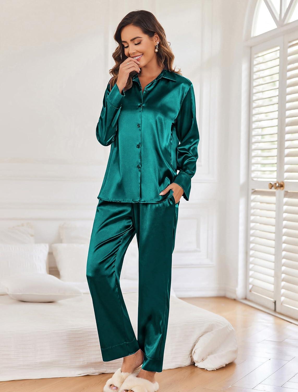 imageEkouaer Women Satin Silk Pajamas Classic Long Sleeve Button Down Pjs Set Soft LoungewearPeacock Green