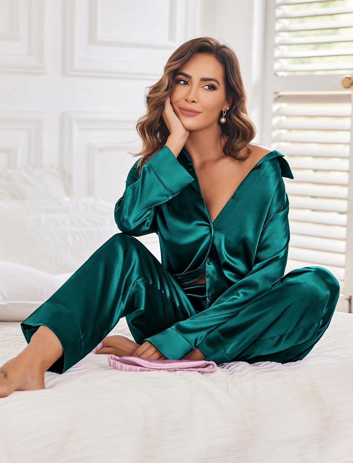 imageEkouaer Women Satin Silk Pajamas Classic Long Sleeve Button Down Pjs Set Soft LoungewearPeacock Green