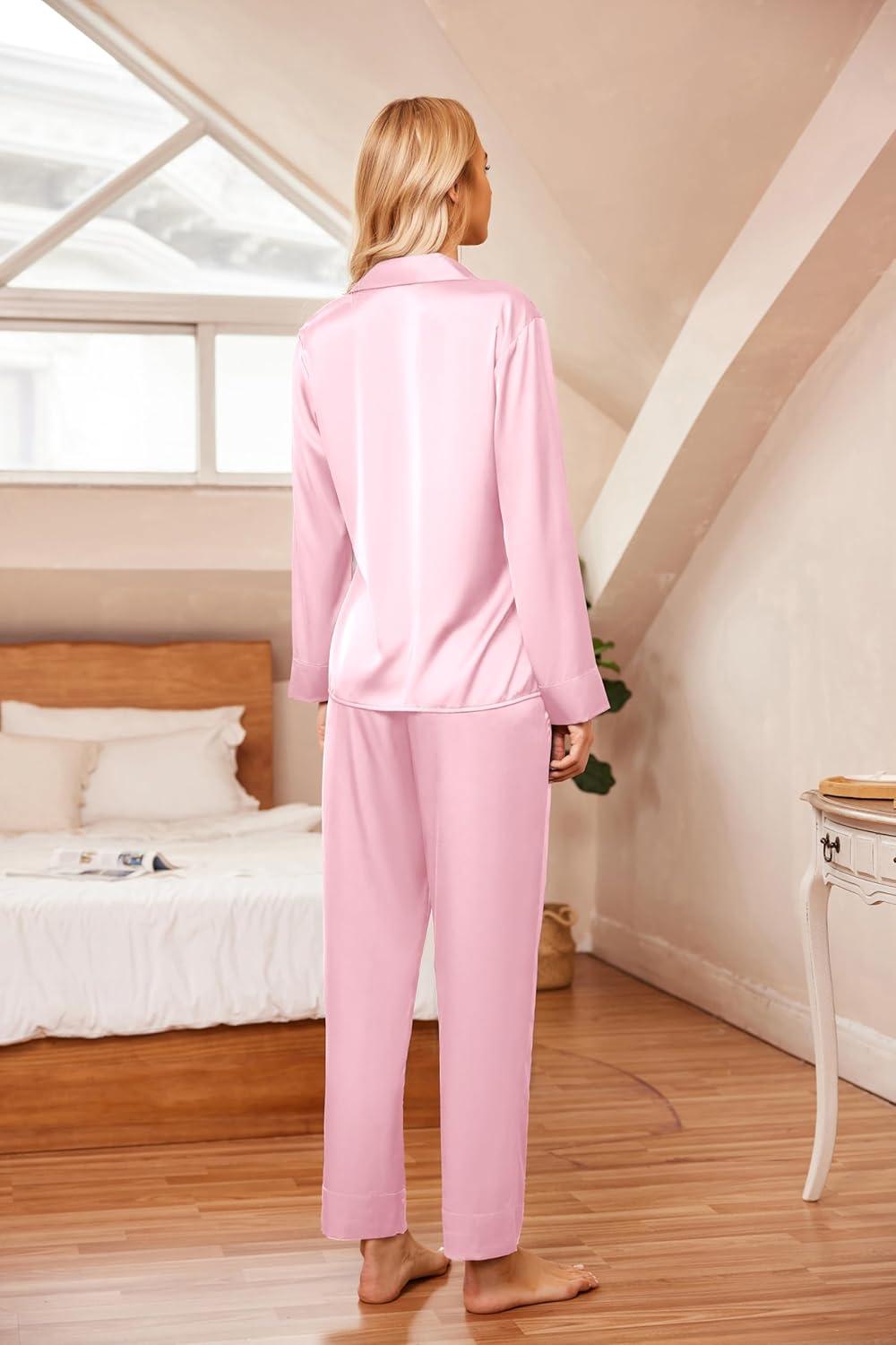 imageEkouaer Women Satin Silk Pajamas Classic Long Sleeve Button Down Pjs Set Soft LoungewearPink
