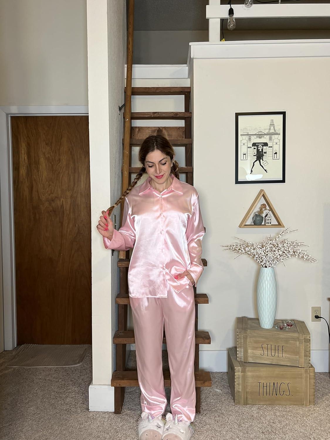 imageEkouaer Women Satin Silk Pajamas Classic Long Sleeve Button Down Pjs Set Soft LoungewearPink
