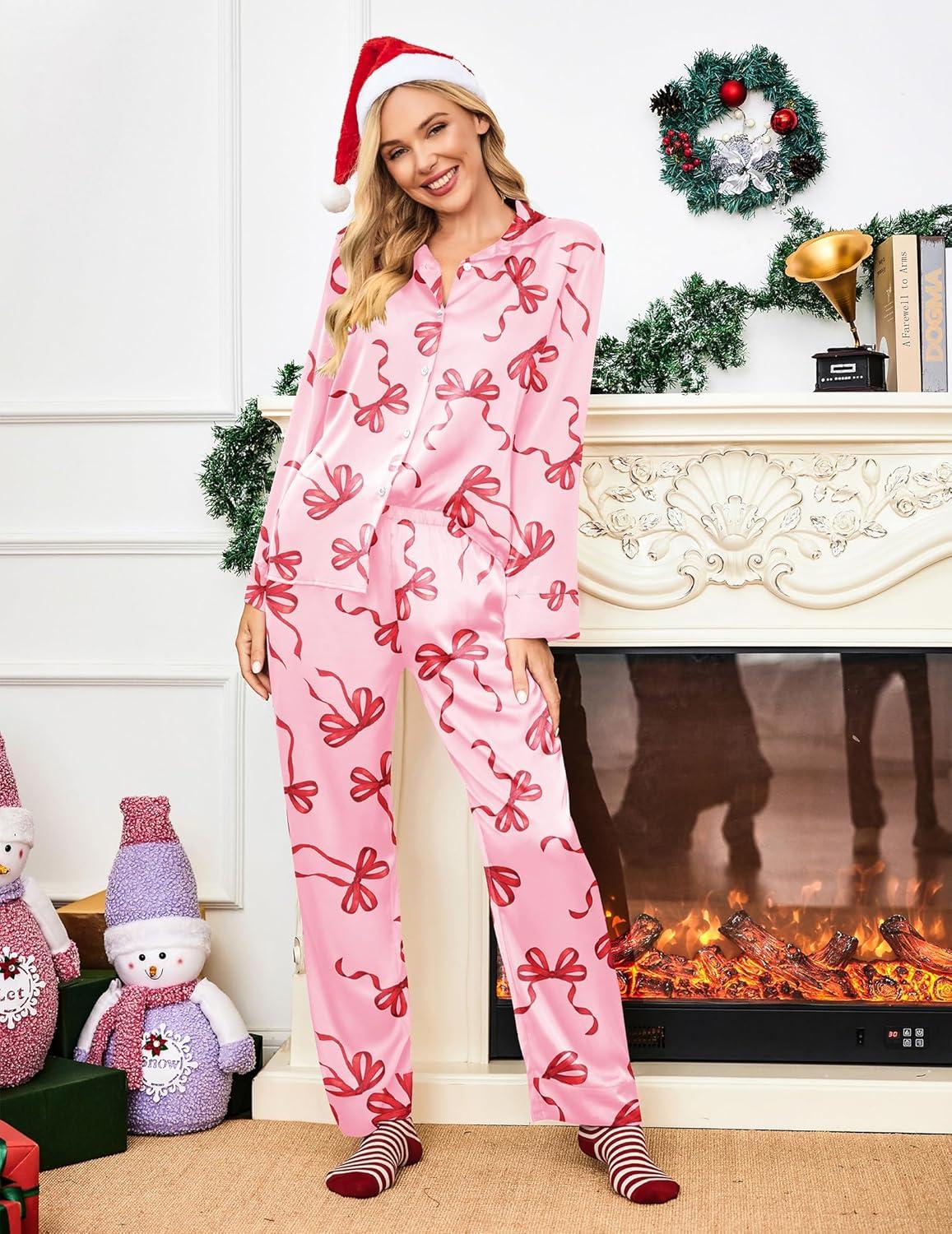 imageEkouaer Women Satin Silk Pajamas Classic Long Sleeve Button Down Pjs Set Soft LoungewearPink Bow