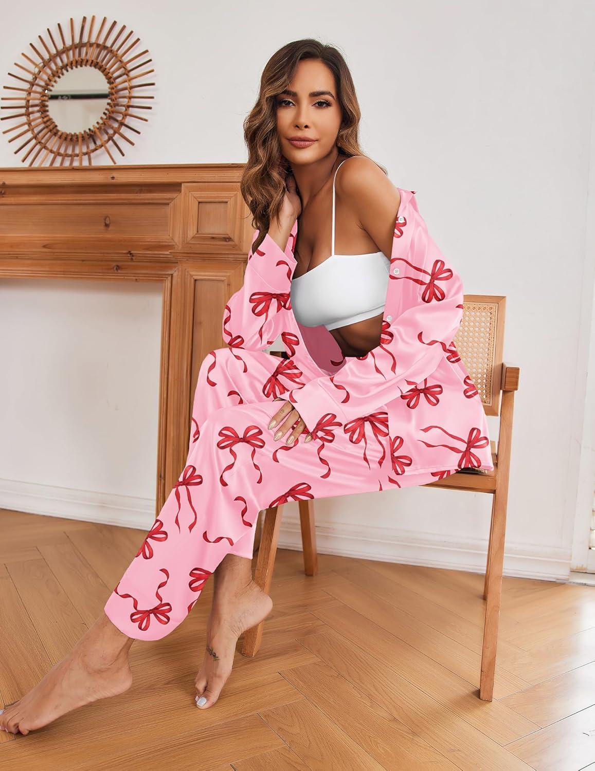 imageEkouaer Women Satin Silk Pajamas Classic Long Sleeve Button Down Pjs Set Soft LoungewearPink Bow