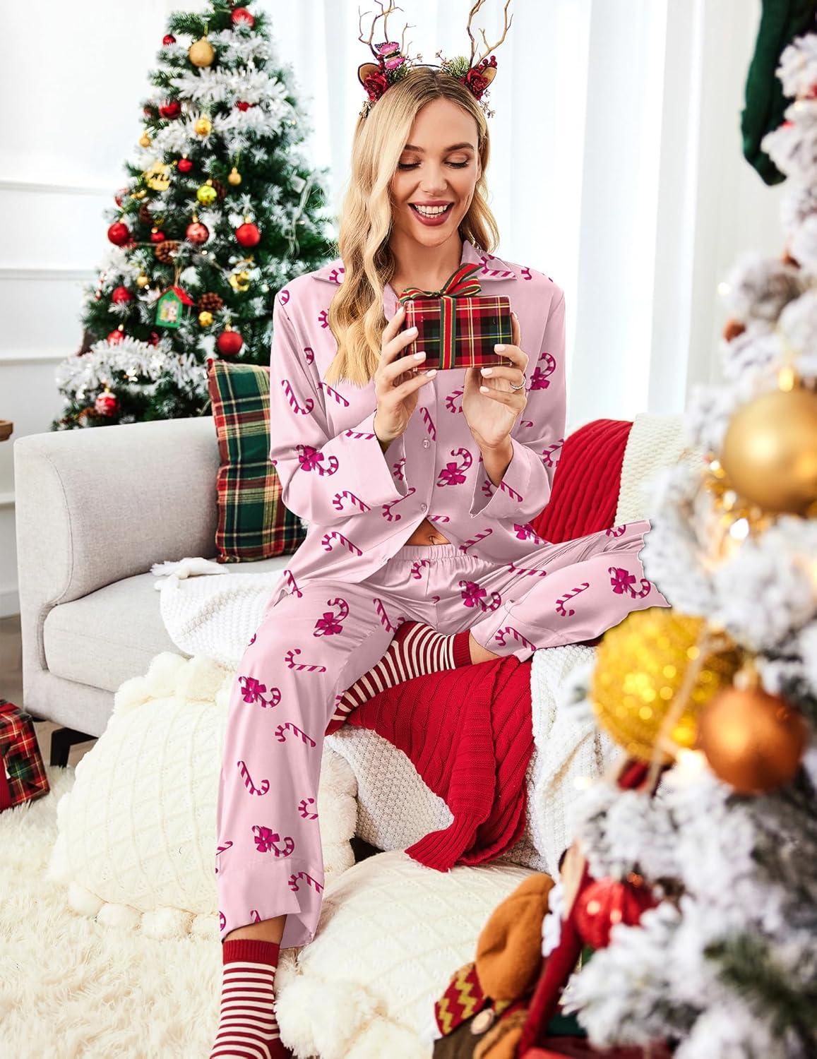 imageEkouaer Women Satin Silk Pajamas Classic Long Sleeve Button Down Pjs Set Soft LoungewearPink Christmas