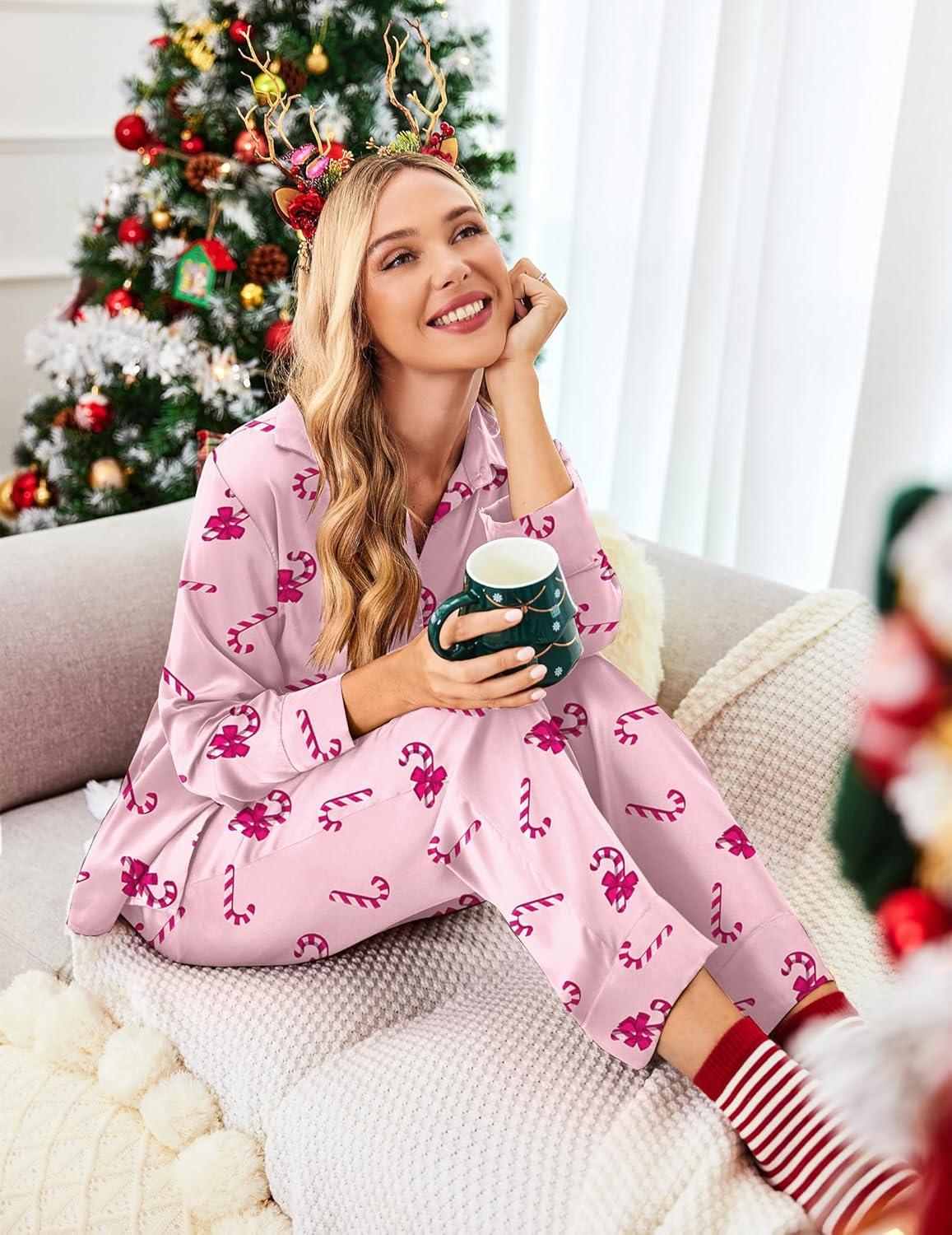 imageEkouaer Women Satin Silk Pajamas Classic Long Sleeve Button Down Pjs Set Soft LoungewearPink Christmas