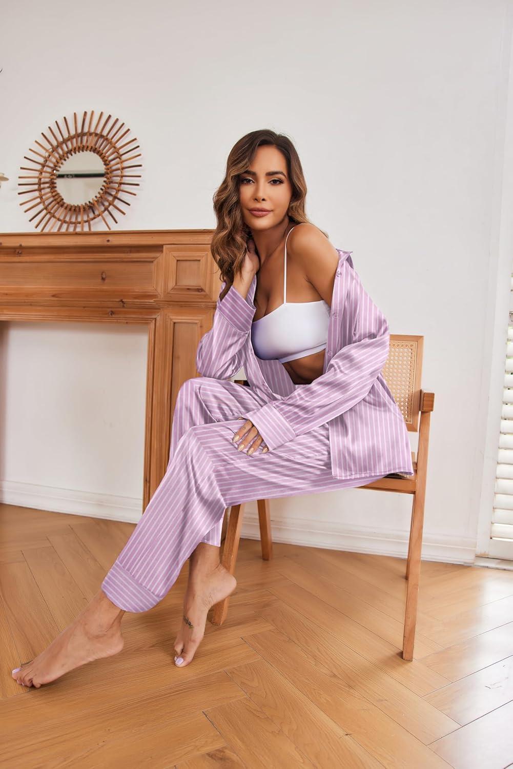 imageEkouaer Women Satin Silk Pajamas Classic Long Sleeve Button Down Pjs Set Soft LoungewearPurple Stripe
