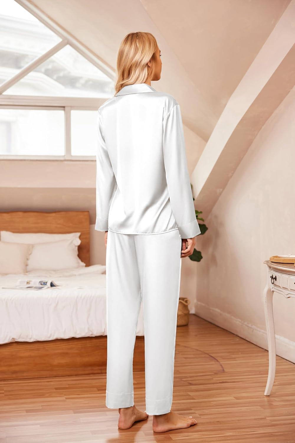 imageEkouaer Women Satin Silk Pajamas Classic Long Sleeve Button Down Pjs Set Soft LoungewearWhite