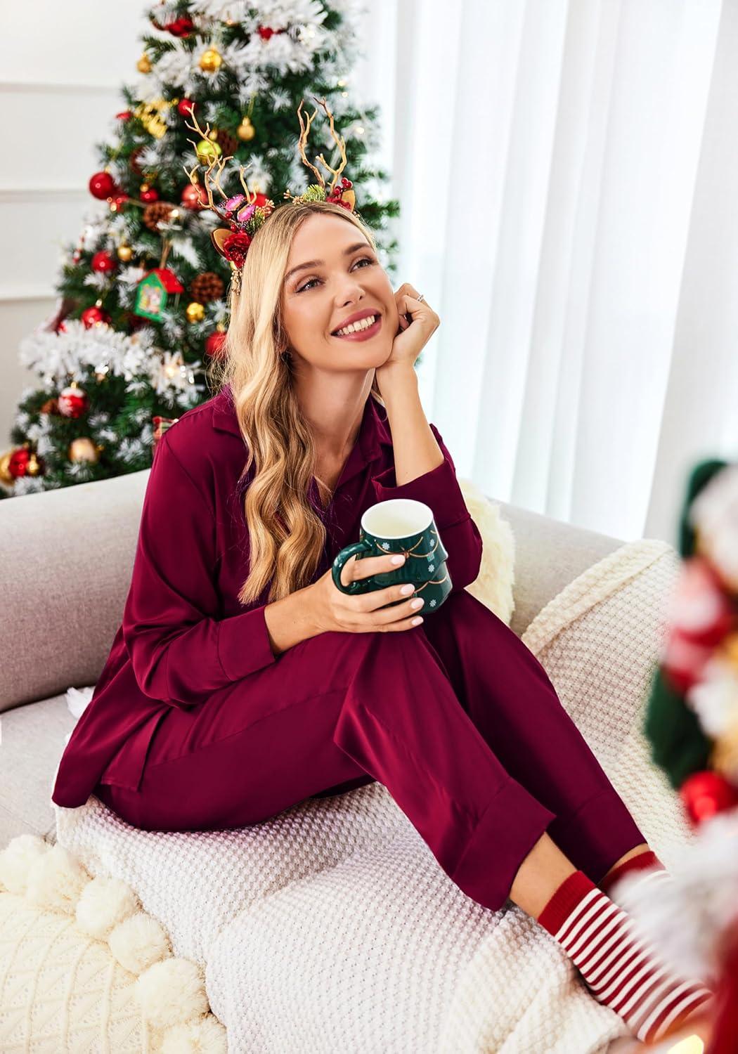 imageEkouaer Women Satin Silk Pajamas Classic Long Sleeve Button Down Pjs Set Soft LoungewearWine Red