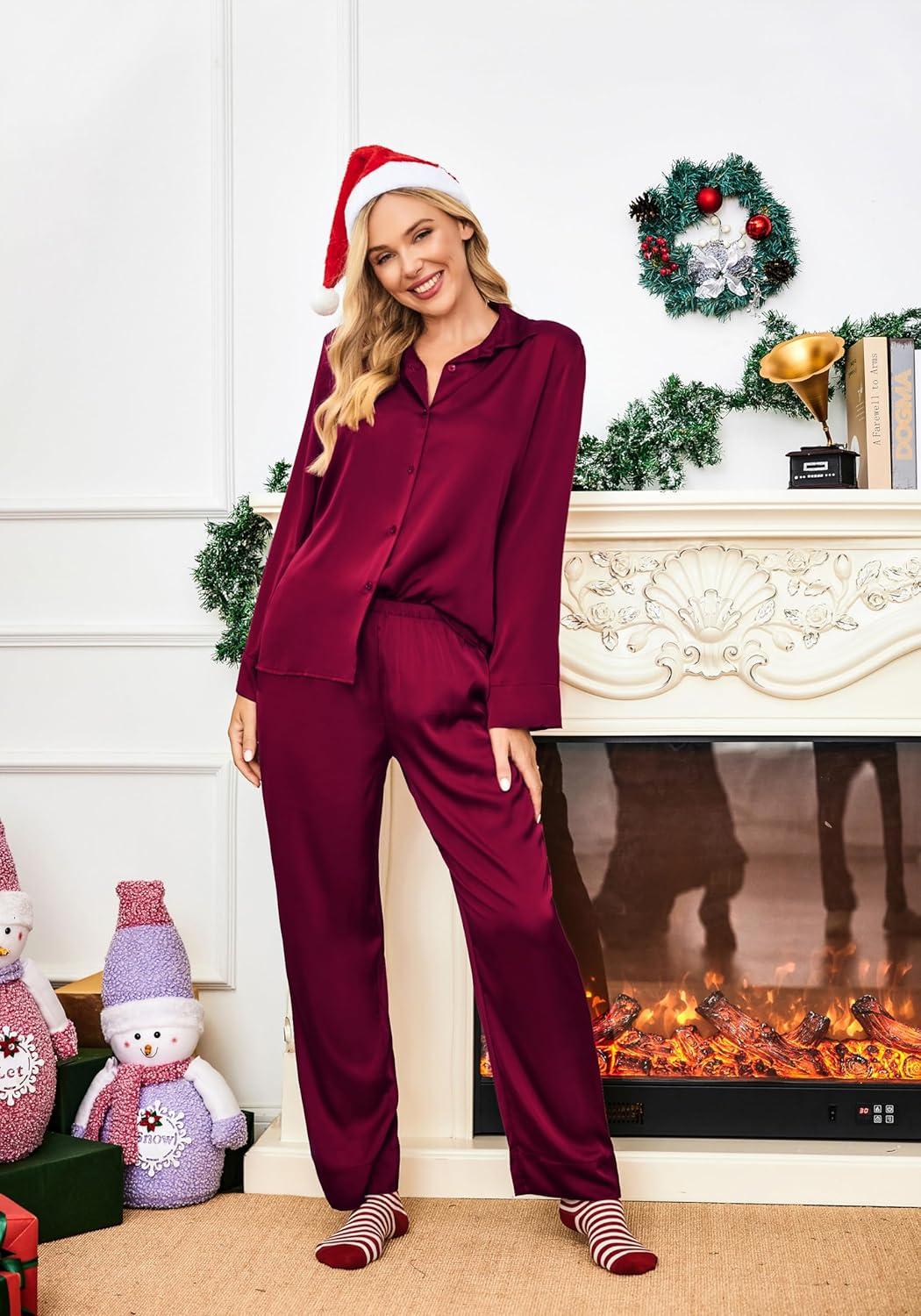 imageEkouaer Women Satin Silk Pajamas Classic Long Sleeve Button Down Pjs Set Soft LoungewearWine Red