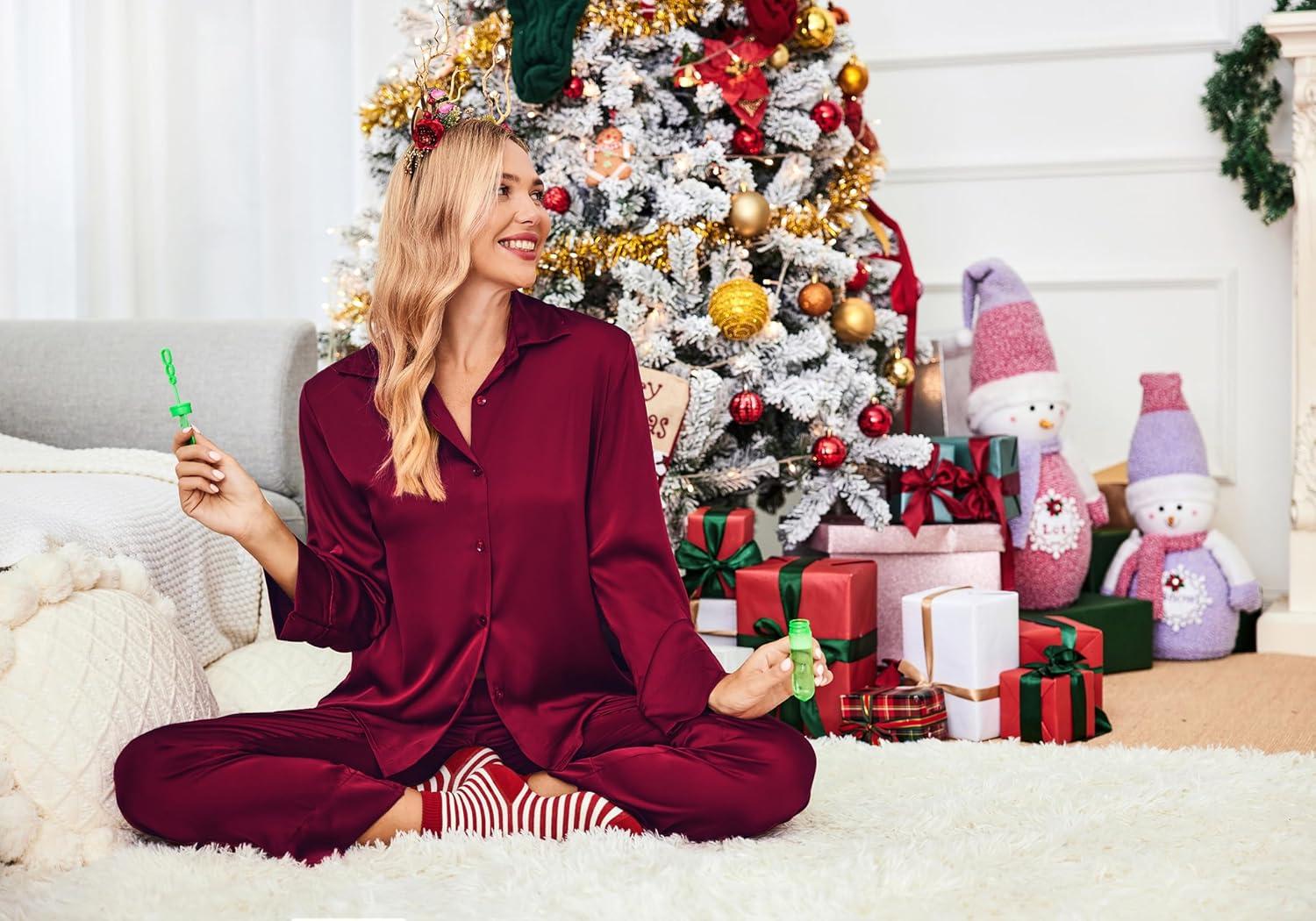 imageEkouaer Women Satin Silk Pajamas Classic Long Sleeve Button Down Pjs Set Soft LoungewearWine Red