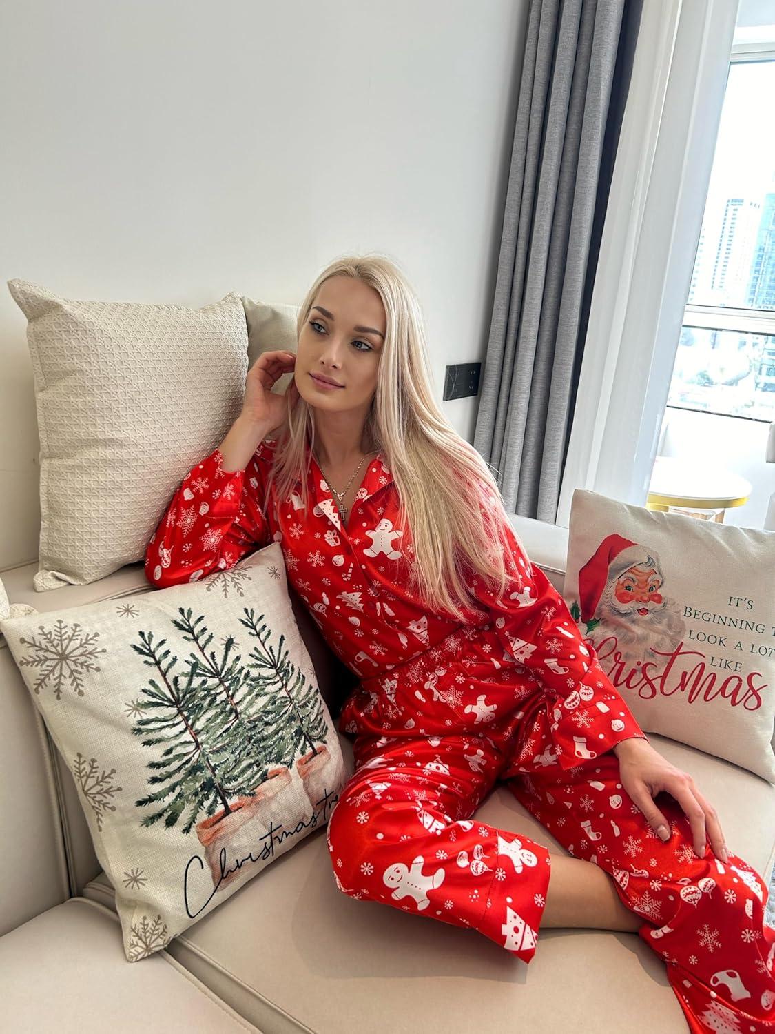 imageEkouaer Women Satin Silk Pajamas Classic Long Sleeve Button Down Pjs Set Soft LoungewearXmas Redtree