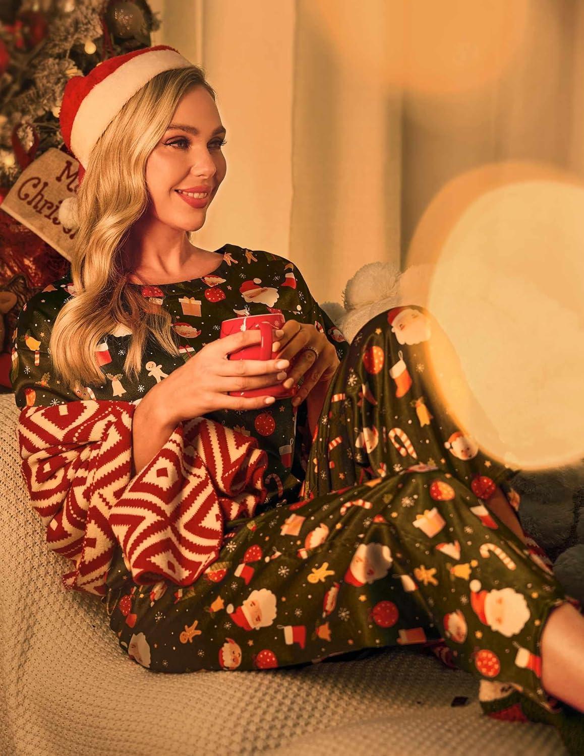imageEkouaer Womens Silk Pajamas Set Print Satin PJs Set Two Piece Pj Sets Sleepwear Loungewear Short Sleeve Lounge SetGreen Christmas