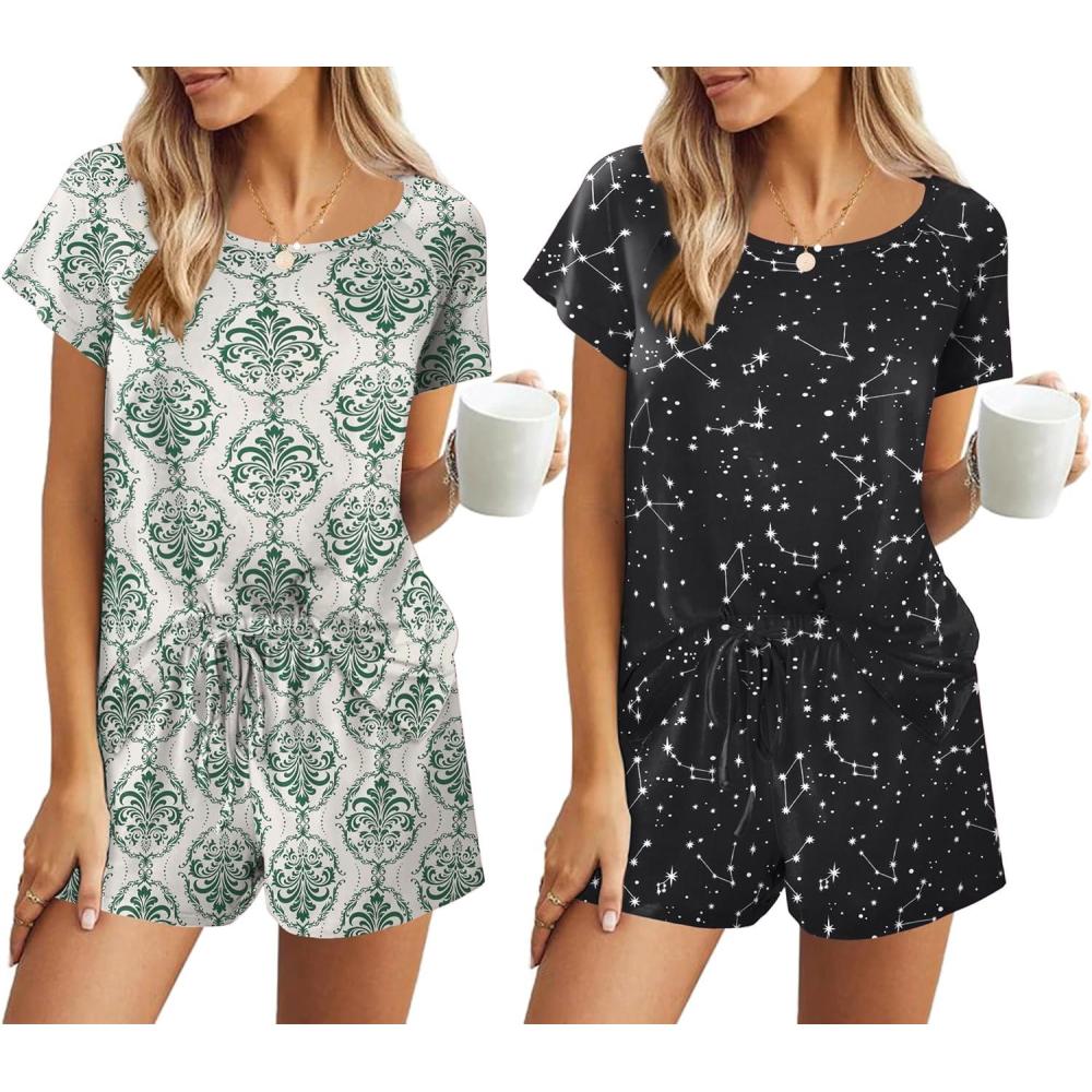 imageEkouaer 2 Pack Womens Pajama Sets Short Sleeve Sleepwear Soft Crew Neck Pj Shorts Set Printed Loungewear Set SXXLGreen PrintBlack Star
