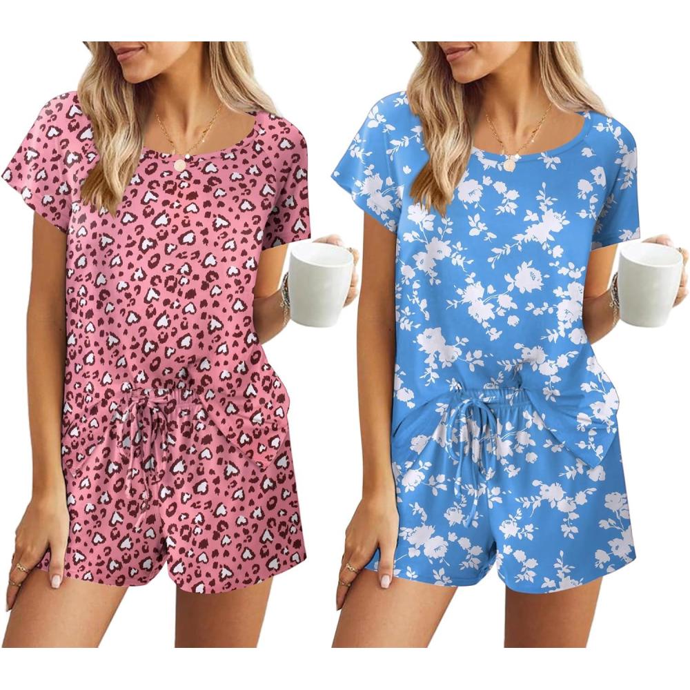 imageEkouaer 2 Pack Womens Pajama Sets Short Sleeve Sleepwear Soft Crew Neck Pj Shorts Set Printed Loungewear Set SXXLPink LeopardBlue Floral