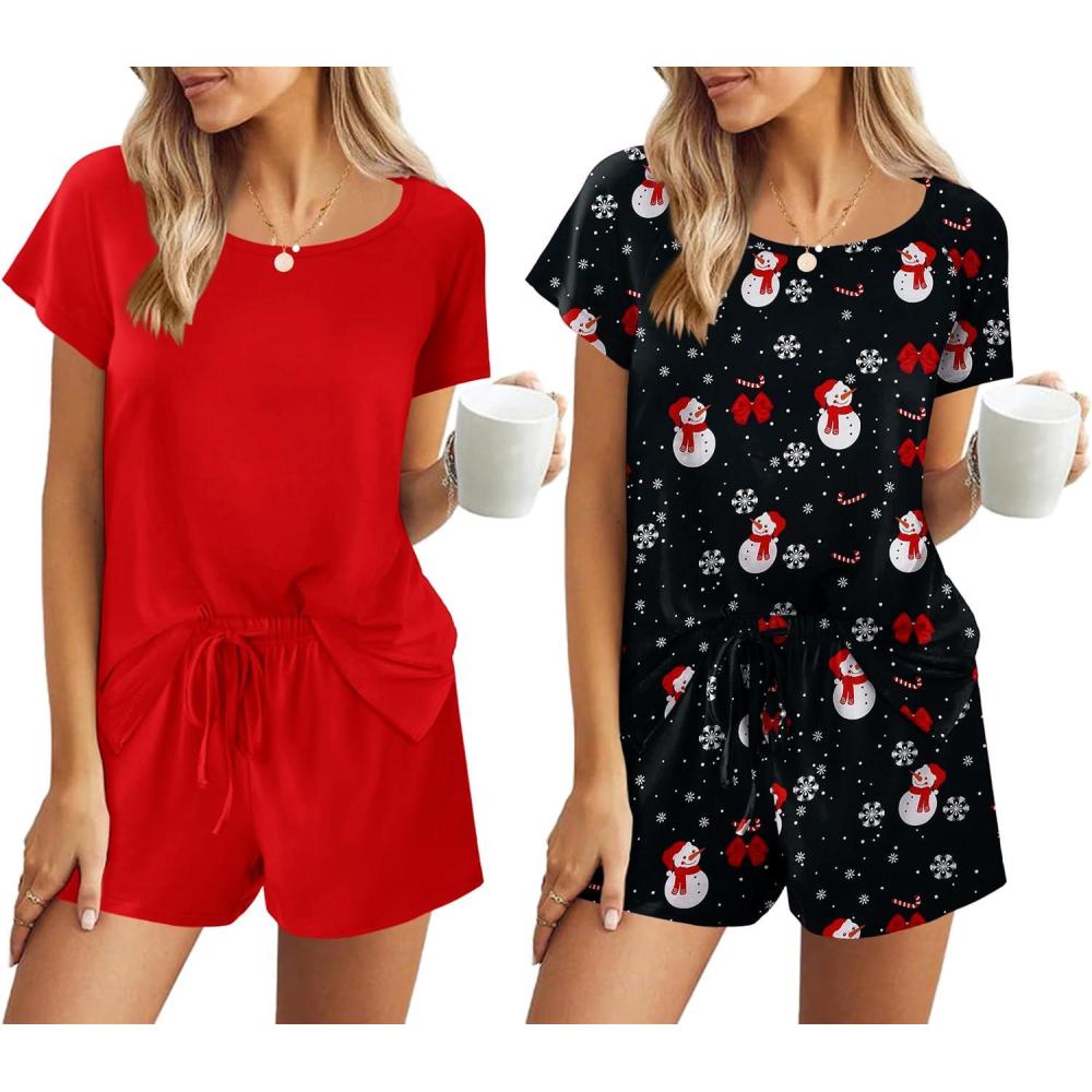 imageEkouaer 2 Pack Womens Pajama Sets Short Sleeve Sleepwear Soft Crew Neck Pj Shorts Set Printed Loungewear Set SXXLRedChristmas Print