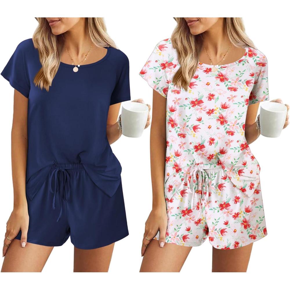imageEkouaer 2 Pack Womens Pajama Sets Short Sleeve Sleepwear Soft Crew Neck Pj Shorts Set Printed Loungewear Set SXXLWhite Floral PrintNavy