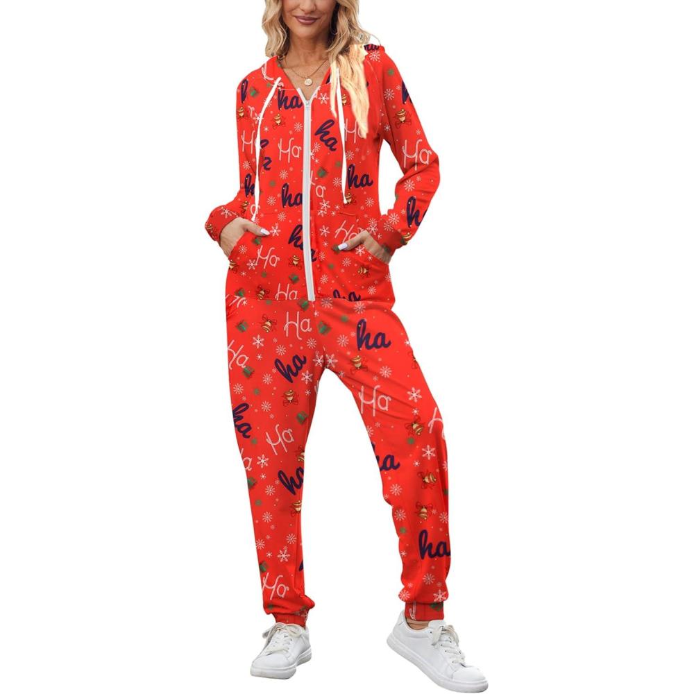 imageEkouaer Christmas Onesies for Women Zipper Hooded Onesie Pajamas Adult Soft One Piece Pajama with PocketsSymbol