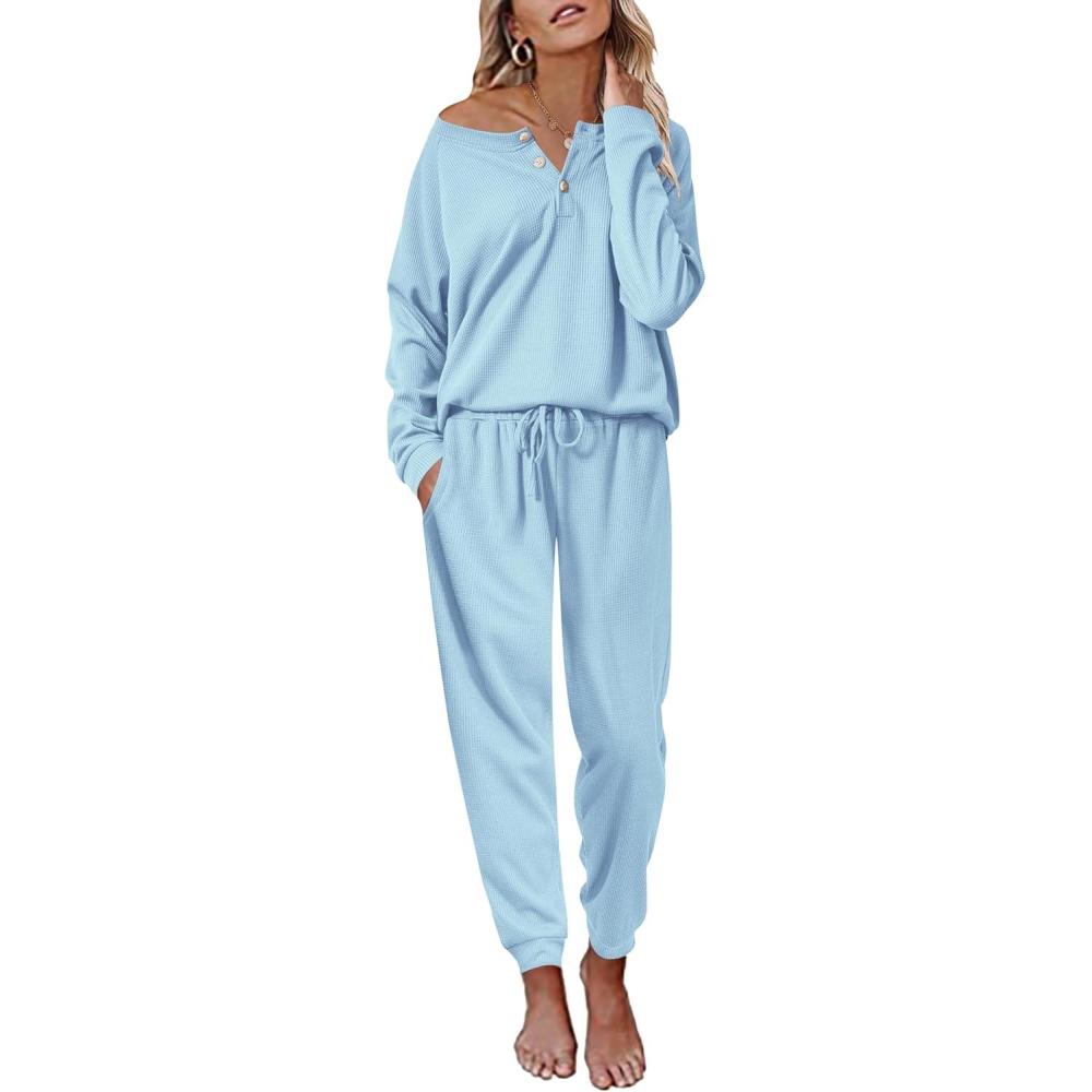 imageEkouaer Pajamas Womens Waffle Knit Sleepwear Long Sleeve Top with Pants Casual Pjs Loungewear Set SXXLBaby Blue