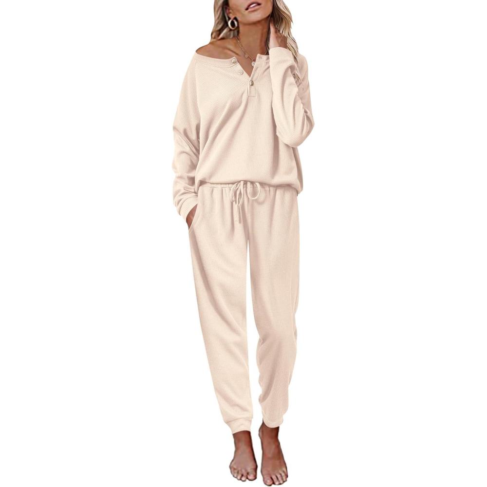 imageEkouaer Pajamas Womens Waffle Knit Sleepwear Long Sleeve Top with Pants Casual Pjs Loungewear Set SXXLBeige