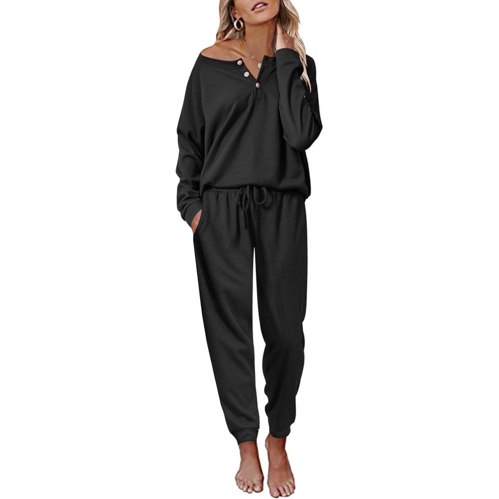 imageEkouaer Pajamas Womens Waffle Knit Sleepwear Long Sleeve Top with Pants Casual Pjs Loungewear Set SXXLBlack