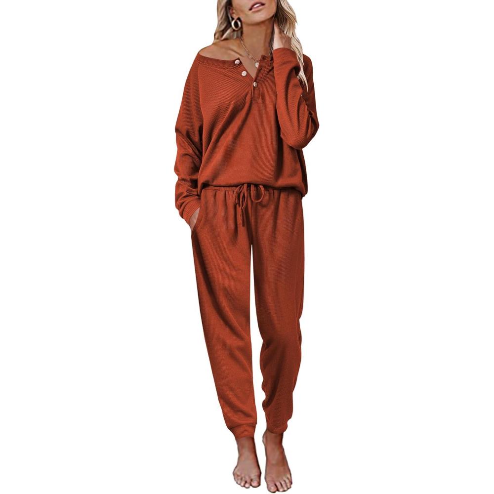 imageEkouaer Pajamas Womens Waffle Knit Sleepwear Long Sleeve Top with Pants Casual Pjs Loungewear Set SXXLCaramel