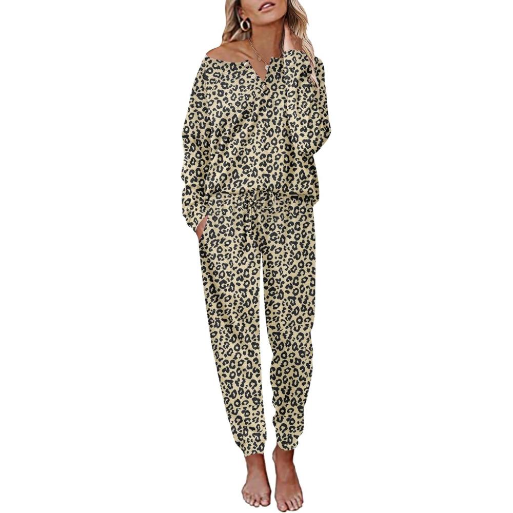 imageEkouaer Pajamas Womens Waffle Knit Sleepwear Long Sleeve Top with Pants Casual Pjs Loungewear Set SXXLLeopard