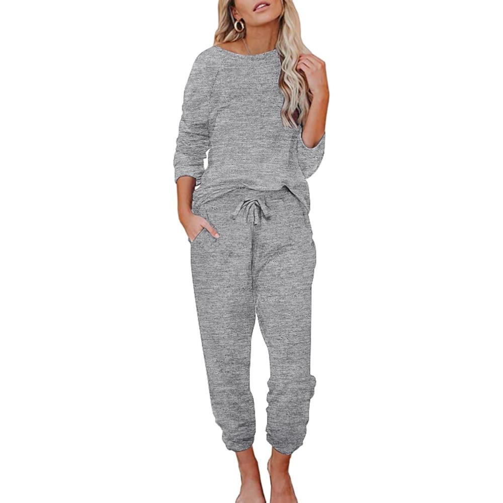 imageEkouaer Pajamas Womens Waffle Knit Sleepwear Long Sleeve Top with Pants Casual Pjs Loungewear Set SXXLLight Grey