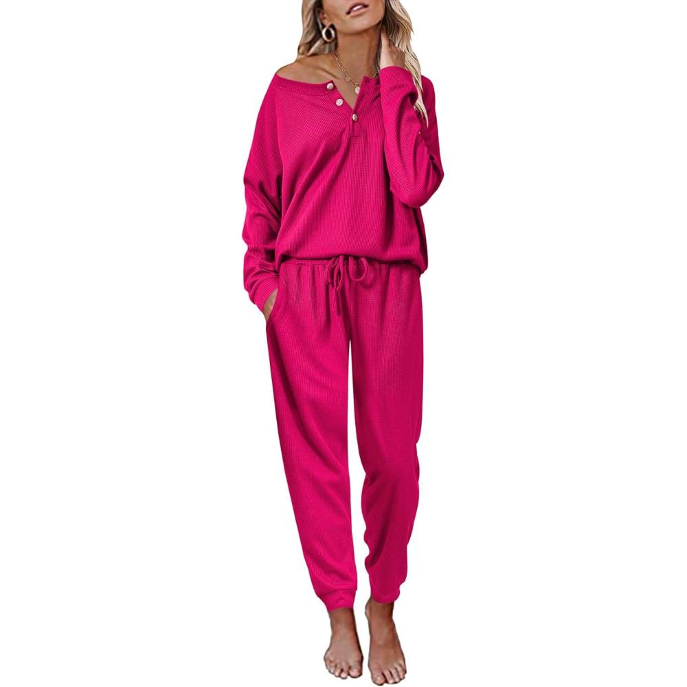 imageEkouaer Pajamas Womens Waffle Knit Sleepwear Long Sleeve Top with Pants Casual Pjs Loungewear Set SXXLRosy