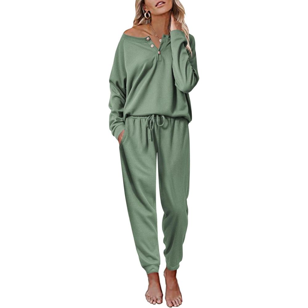 imageEkouaer Pajamas Womens Waffle Knit Sleepwear Long Sleeve Top with Pants Casual Pjs Loungewear Set SXXLSea Green