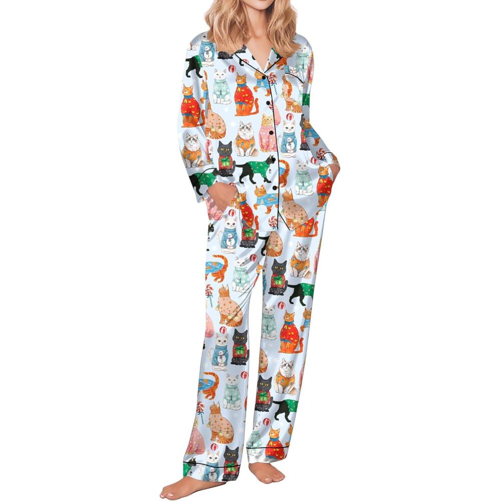 imageEkouaer Silk Pajamas for Women Button Down Satin Pj Set Soft Long Sleeve 2 Piece Sleepwear Loungewear SXXLBlue Cat Print