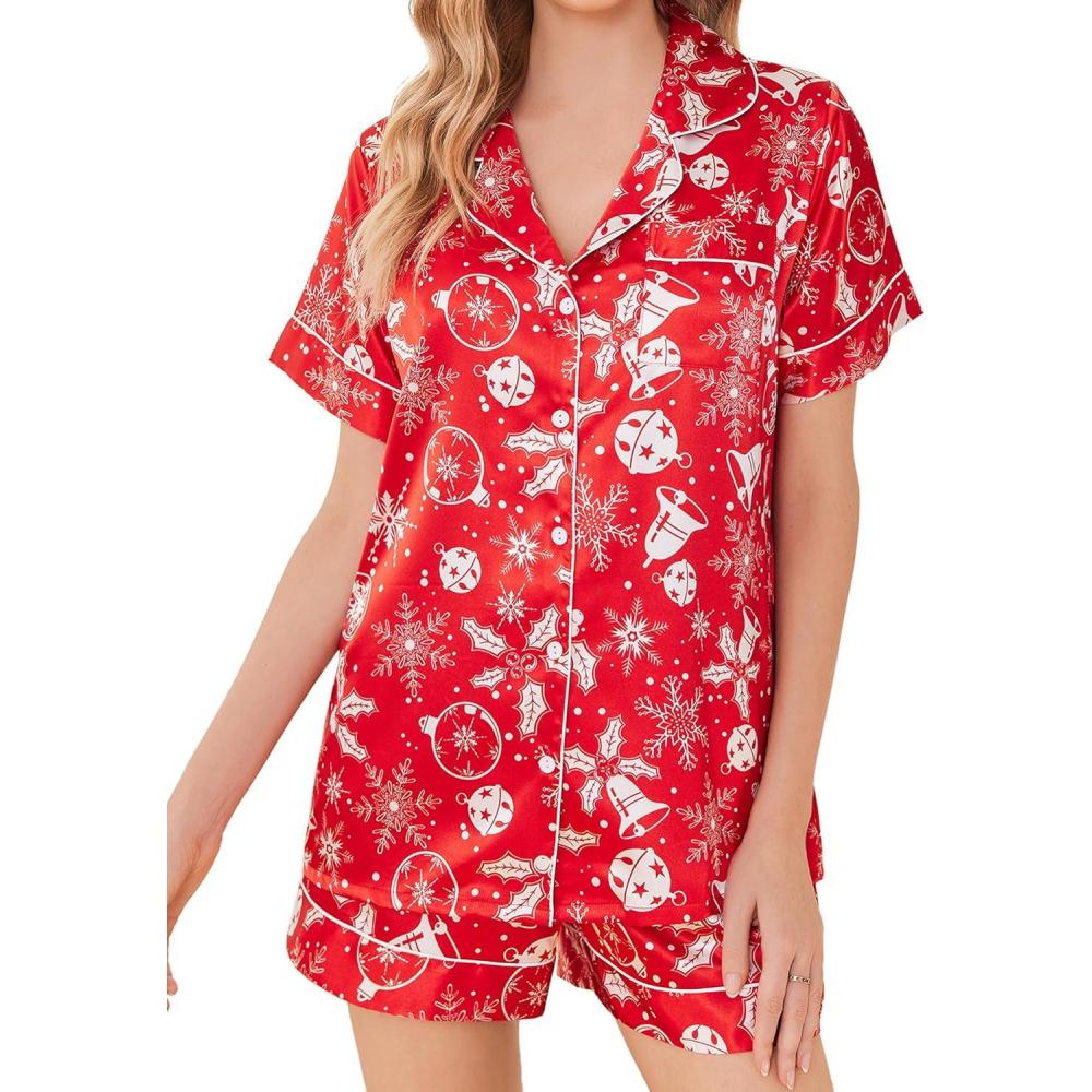 imageEkouaer Silk Pajamas for Women Short Sleeve Sleepwear Soft Button Down Loungewear 2 Piece Satin Pjs Shorts SetChristmas RedXL