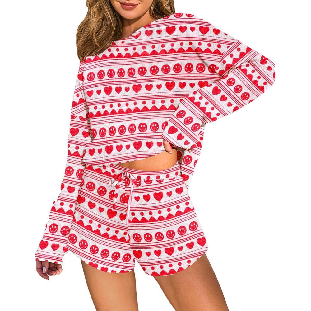 imageEkouaer Waffle Knit Pajama Sets for Women Solid Lounge Sets Long Sleeve Top and Shorts Pjs SXXLRed Heart