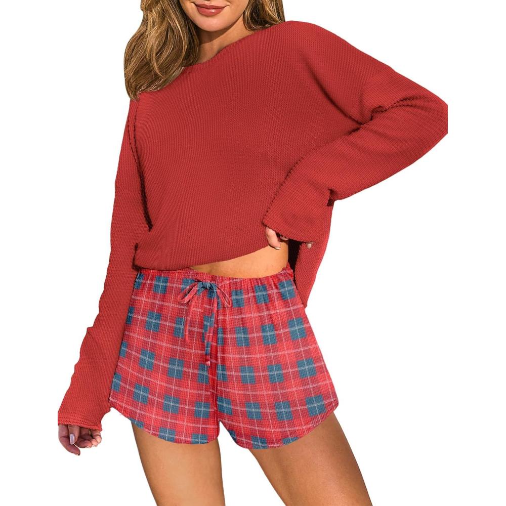 imageEkouaer Waffle Knit Pajama Sets for Women Solid Lounge Sets Long Sleeve Top and Shorts Pjs SXXLRed and Black Plaid