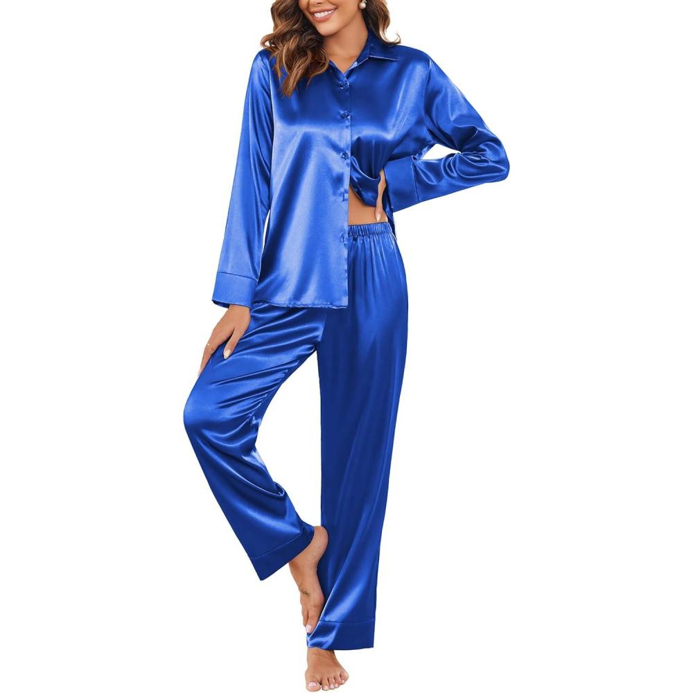 imageEkouaer Women Satin Silk Pajamas Classic Long Sleeve Button Down Pjs Set Soft LoungewearBlue