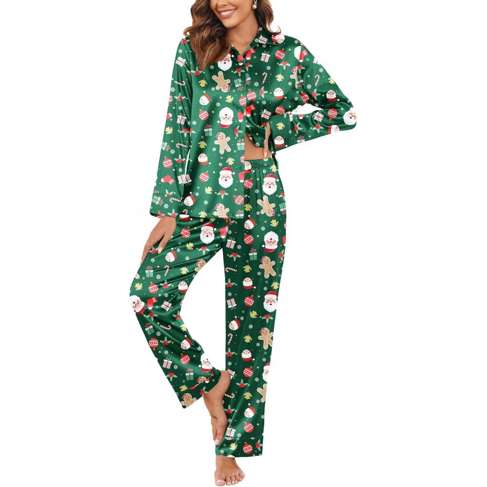 imageEkouaer Women Satin Silk Pajamas Classic Long Sleeve Button Down Pjs Set Soft LoungewearChristmas Green