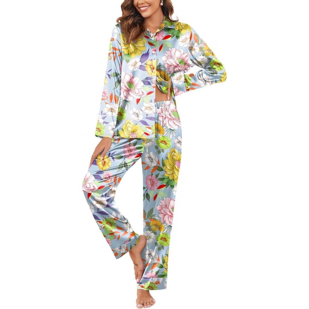 imageEkouaer Women Satin Silk Pajamas Classic Long Sleeve Button Down Pjs Set Soft LoungewearFloral