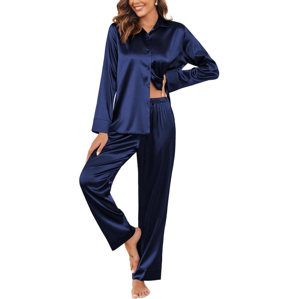 imageEkouaer Women Satin Silk Pajamas Classic Long Sleeve Button Down Pjs Set Soft LoungewearNavy Blue