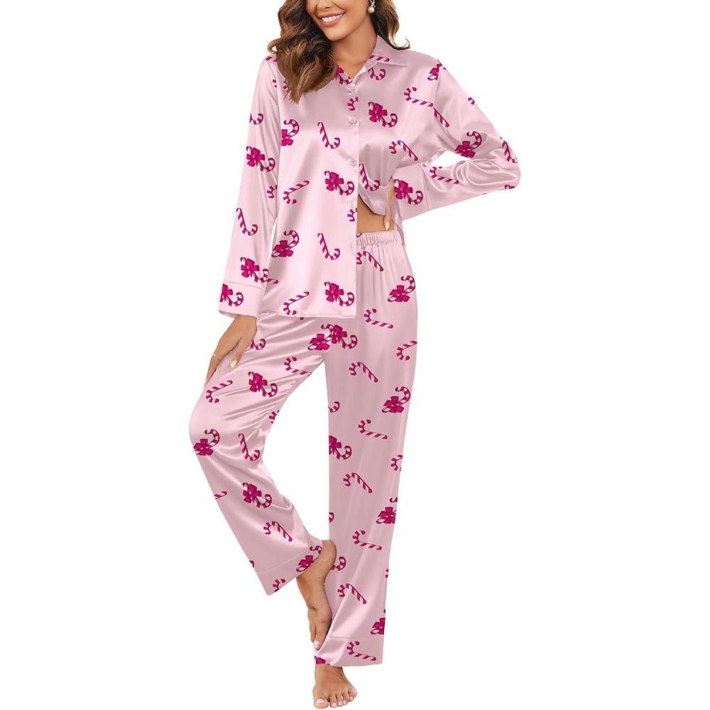 imageEkouaer Women Satin Silk Pajamas Classic Long Sleeve Button Down Pjs Set Soft LoungewearPink Christmas