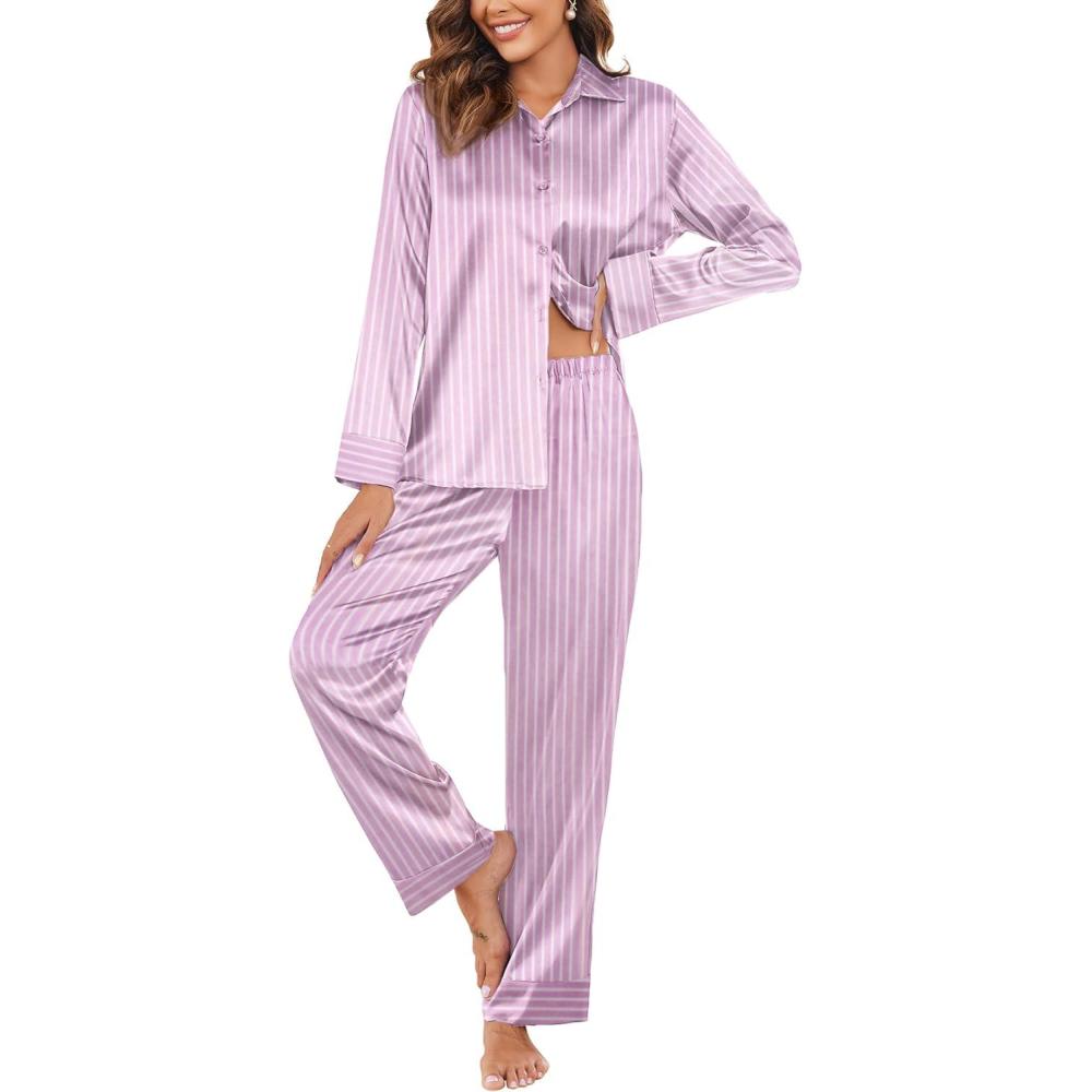 imageEkouaer Women Satin Silk Pajamas Classic Long Sleeve Button Down Pjs Set Soft LoungewearPurple Stripe