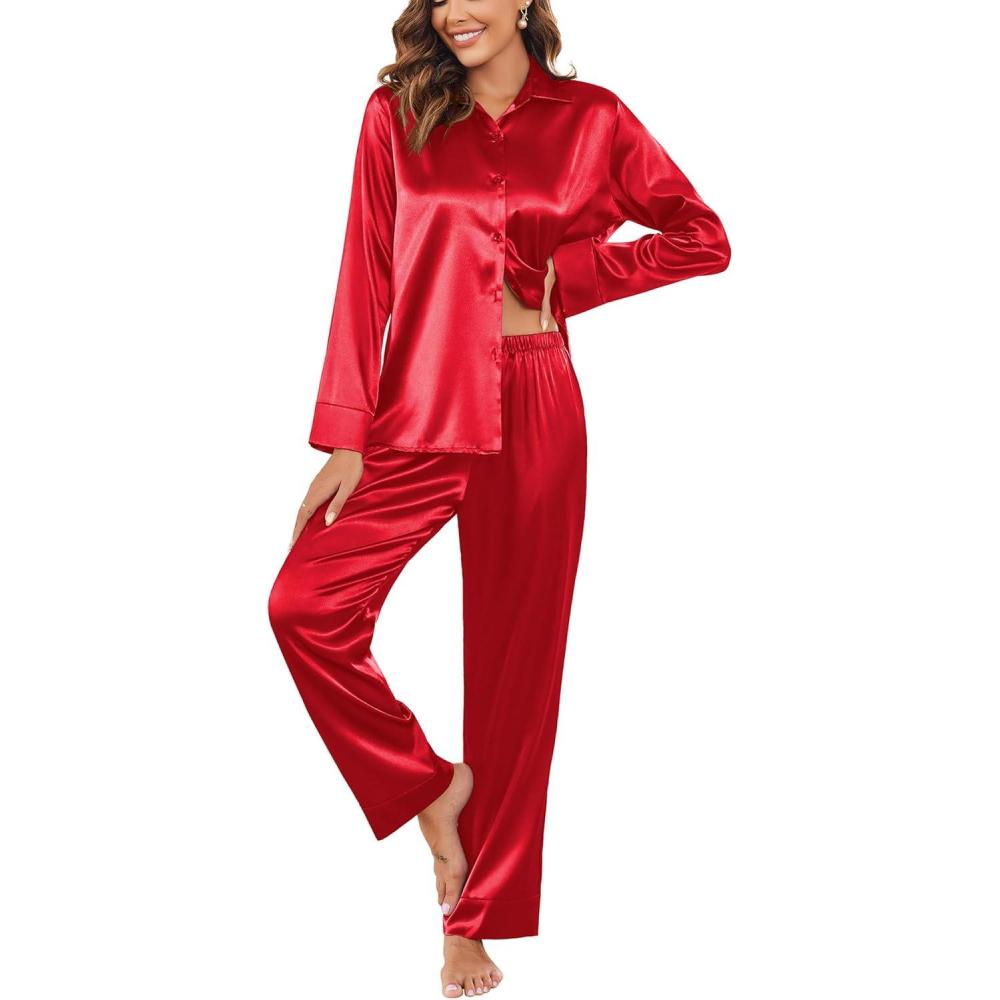 imageEkouaer Women Satin Silk Pajamas Classic Long Sleeve Button Down Pjs Set Soft LoungewearRed